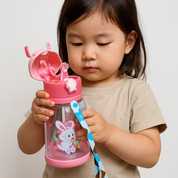 Bunny Bliss Kids Water Bottle – Leakproof, BPA-Free with Strap & Star Button Lid (Pink) - Image 2