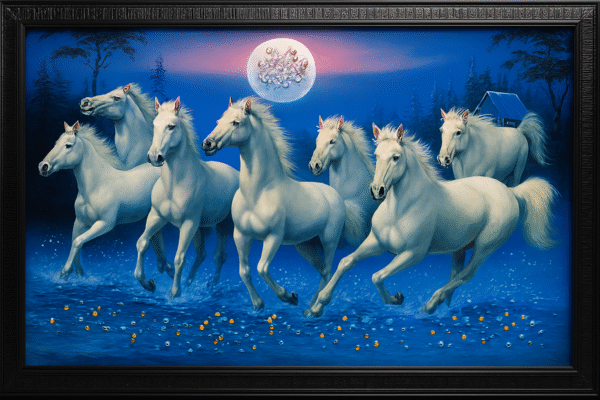 Seven White Horses Wall Art – Moonlit Gallop | Vastu Symbolism | Premium Framed Decor - Image 1