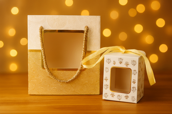 Elegant White & Gold Gift Boxes with Transparent Window – Perfect for Festive Return Gifts Pack of 2 Box - Image 1