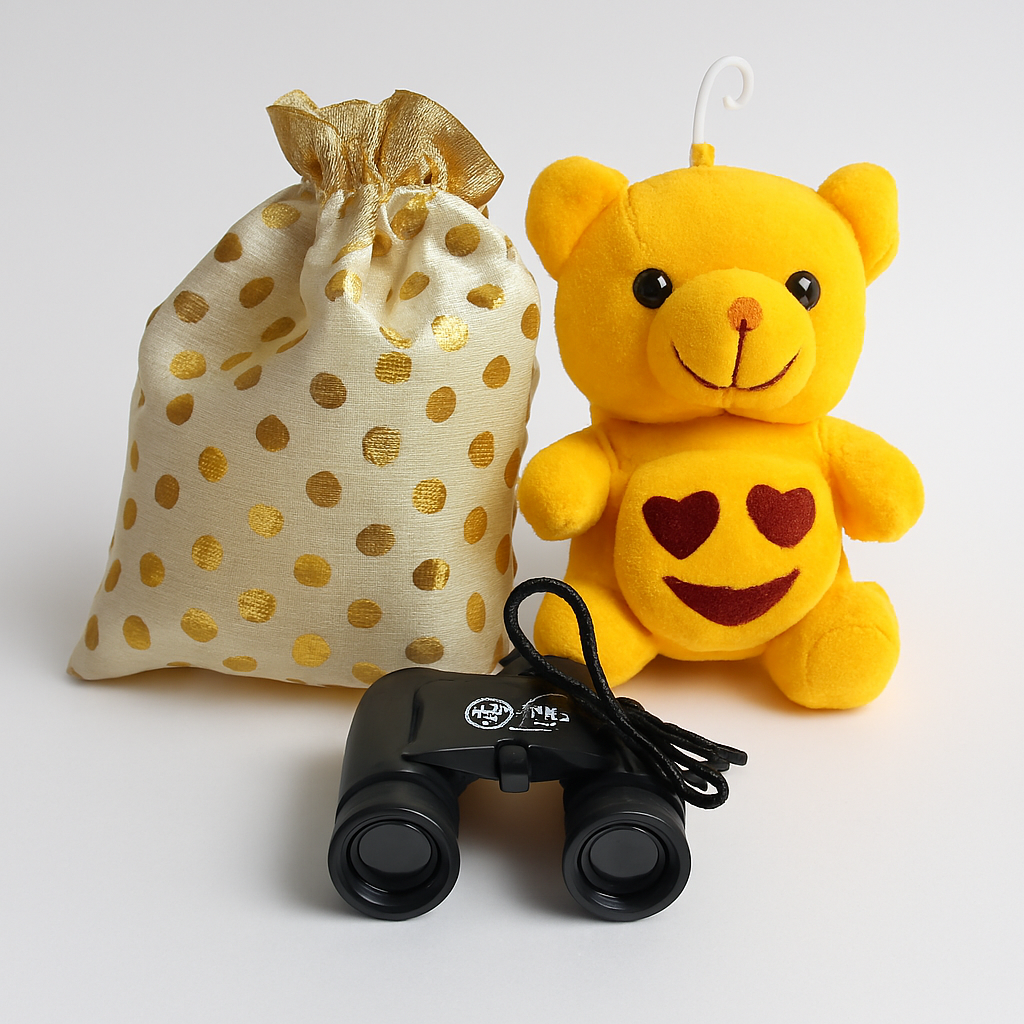 Copilot_20250911_211150 Navratri Return Gift Combo – Teddy Bear, Binocular Toy & Designer Pouch (Pack Of 3) - Image 1