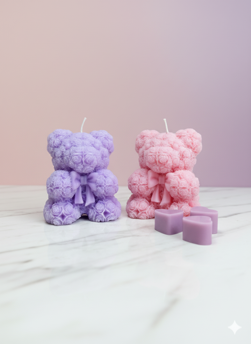 Gemini_Generated_Image_2vk8fg2vk8fg2vk8 Rose Teddy Bear Shaped Decorative Scented Candle for Home Decor & Gifting (Pink & Purple) - Image 1