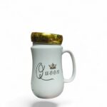 "Queen" Ceramic Mug with Gold Lid – Elegant Anniversary Gift for Her